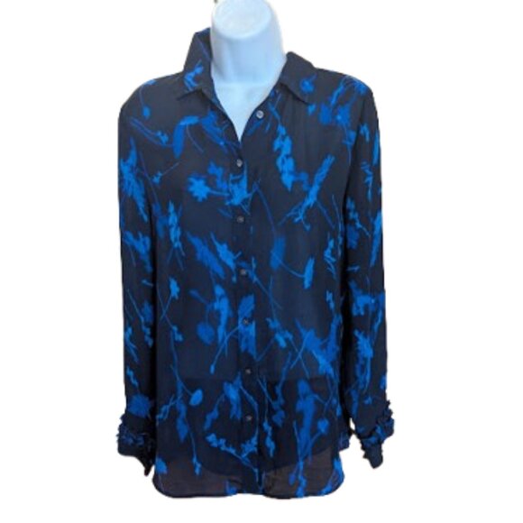 BANANA REPUBLIC Blue and Black Long Sleeve  Printed Blouse Size Small - Picture 9 of 9